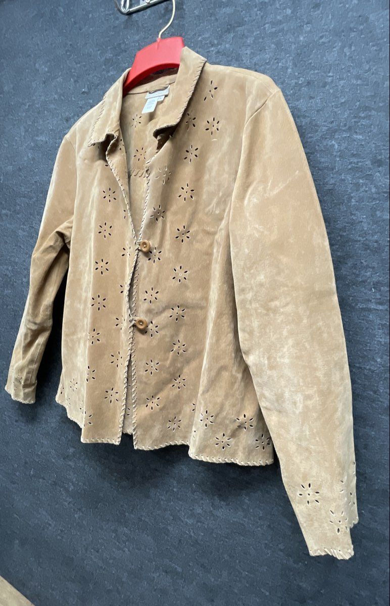 Vintage Coldwater Creek Women's Tan Leather Perforated Floral Jacket Sz L