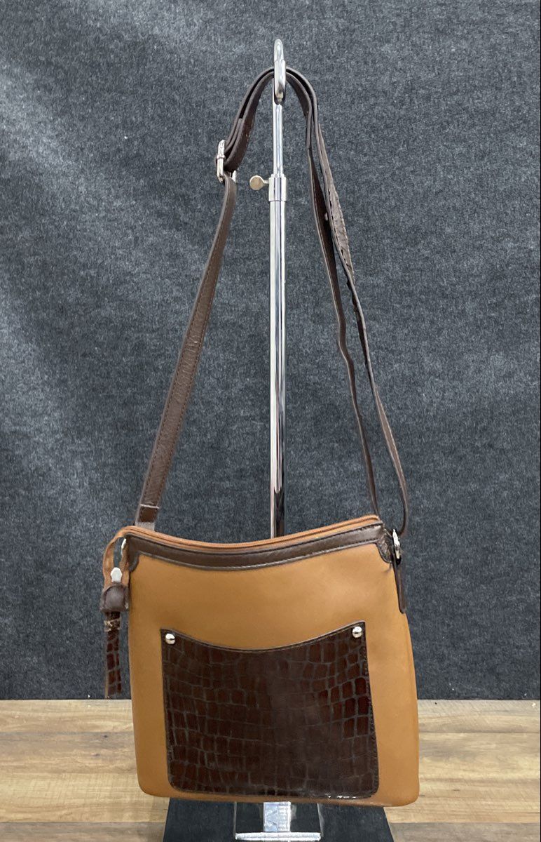 Aurielle Brown Leather Crossbody Bag Faux Croc Trim Heart Charm
