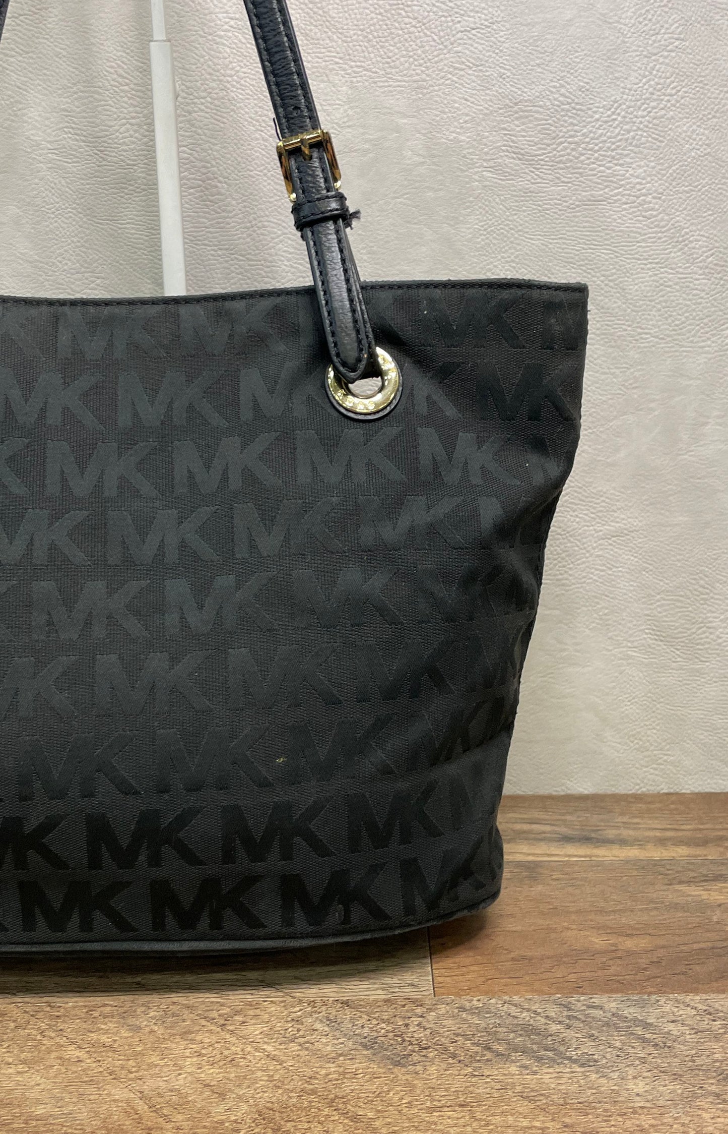 Michael Kors Black Monogram Canvas Tote Bag Gold Hardware Adjustable Straps