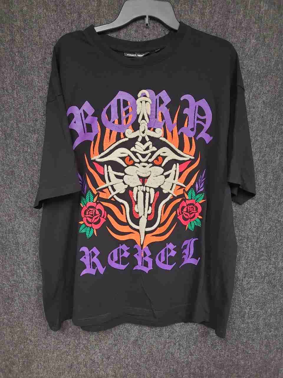 Rebel Minds Born Rebel Tiger Dagger Graphic Streetwear T-Shirt Black Sz 2XL
