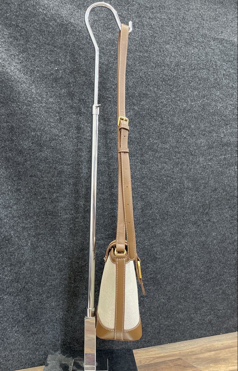 Miztique White Fabric Brown Leather Crossbody Shoulder Bag Gold Tone Hardware