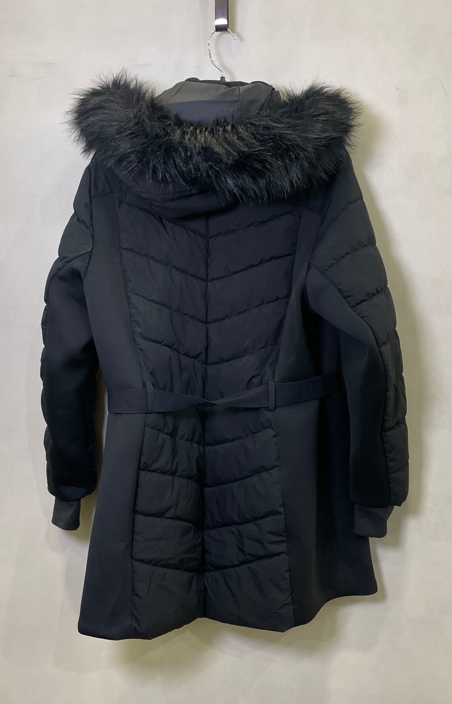 Michael Kors Women's Black Quilted Puffer Jacket Faux Fur Trim Hood Belted Sz 1X