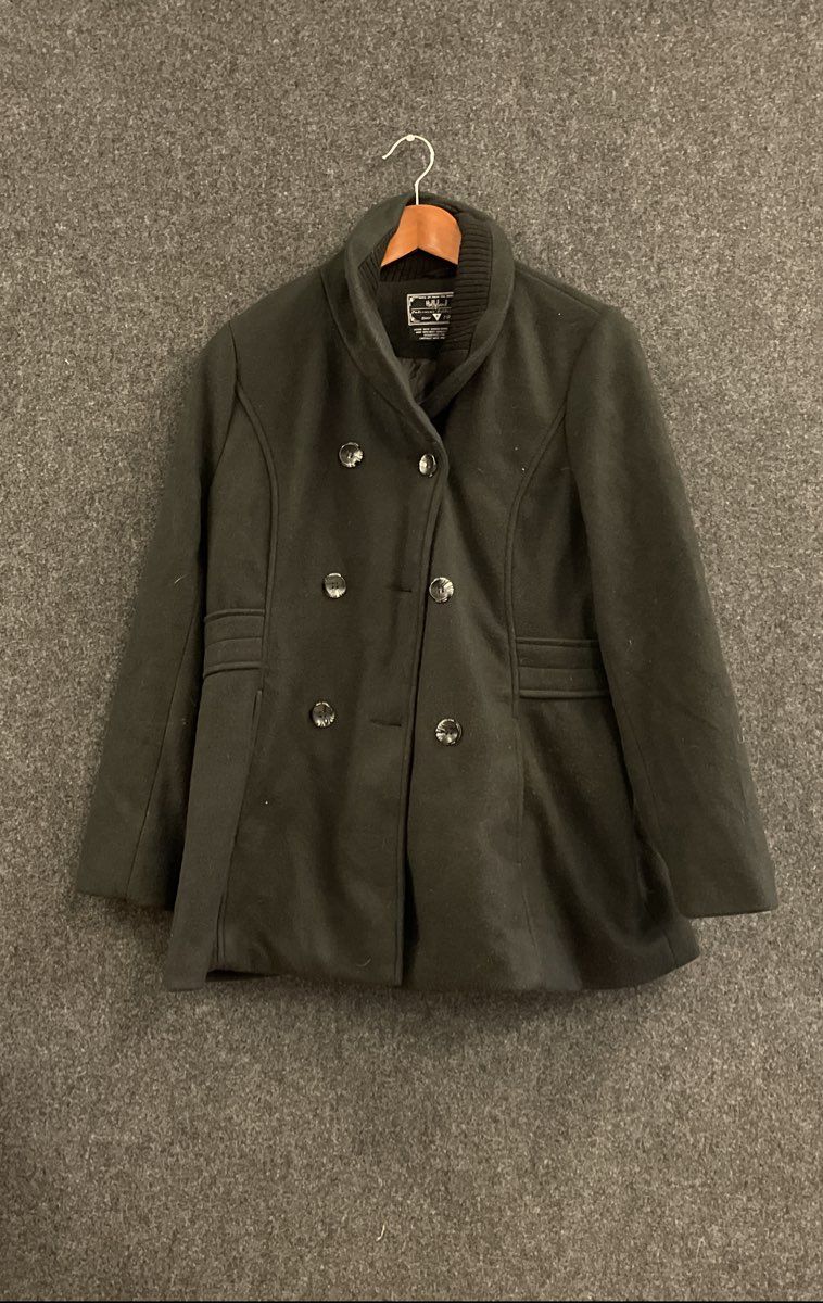 Hollyland Women's Black Double Breasted Pea Coat Jacket Ribbed Shawl Collar Sz G