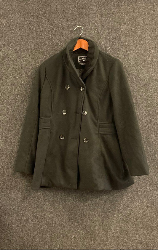 Hollyland Women's Black Double Breasted Pea Coat Jacket Ribbed Shawl Collar Sz G