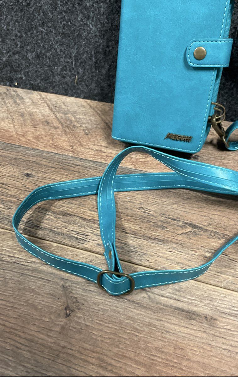 Megshi Crossbody Wallet Phone Case Teal Blue Vegan Leather Travel Organizer