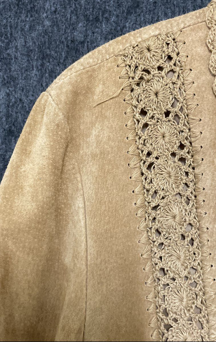 Coldwater Creek Women's Tan Suede Jacket Crochet Lace Trim Blazer Sz L