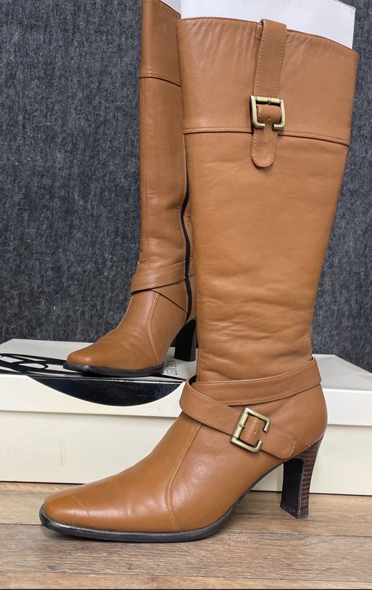 Nine West Tan Leather Knee High Riding Buckle Boots Size 7