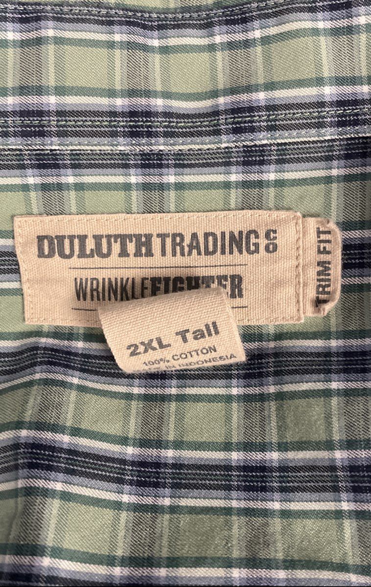 Duluth Trading Co Men's Wrinklefighter Shirt Green Blue Plaid Trim Fit Sz 2XLT
