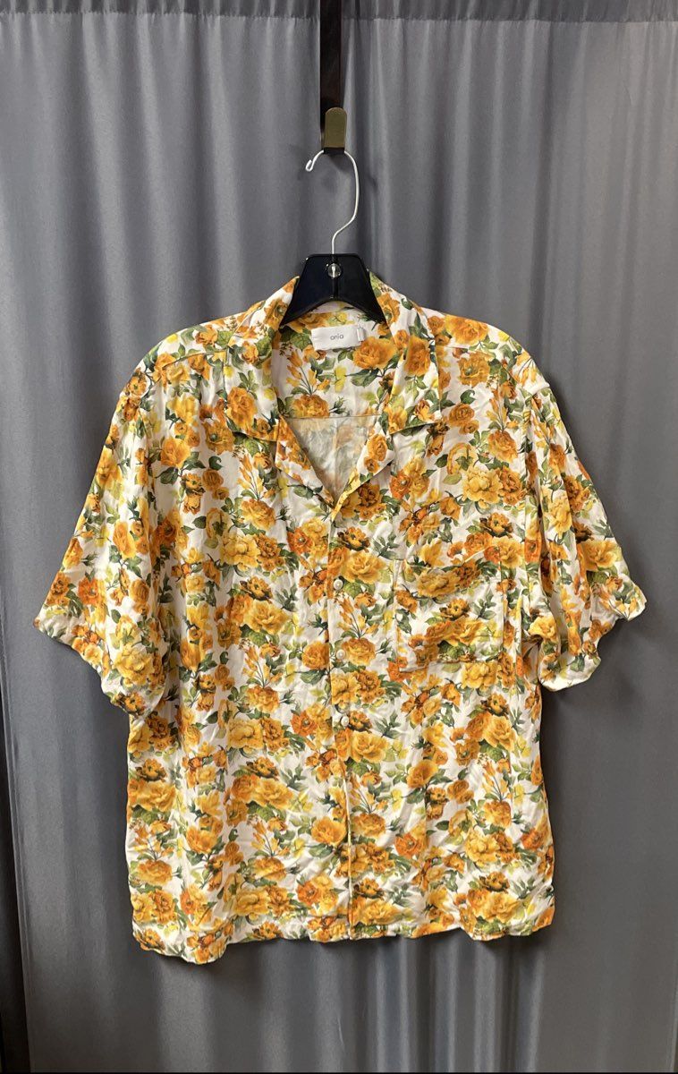 Onia Men's Yellow Floral Camp Collar Short Sleeve Viscose Shirt Sz L