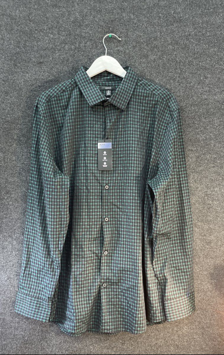 Alfani Men's Alfa Tech Button Down Shirt Emerald Shadow Gingham NWT Sz XL
