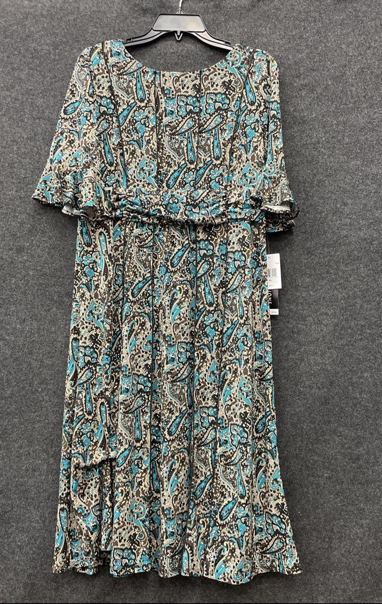 Perceptions Women's Teal Paisley Print Scoop Neck Flutter Sleeve Dress PL NWT