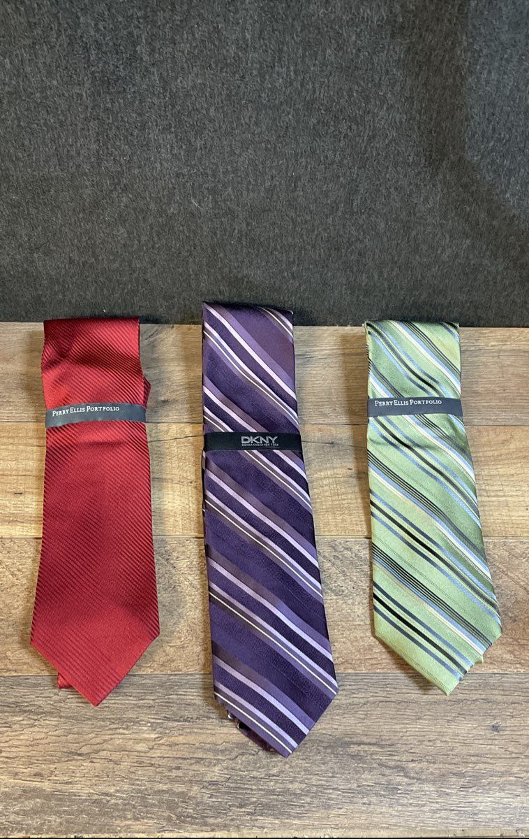 Perry Ellis & DKNY Men's Silk Satin Necktie Lot Red Purple Green 3pc NWT