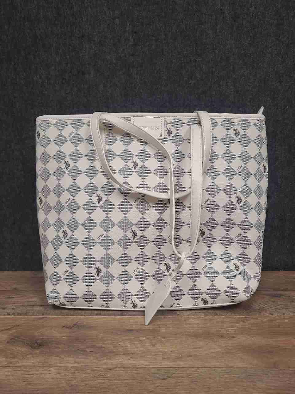U.S. Polo Assn. White Checkered Monogram Tote Bag Large Red Interior