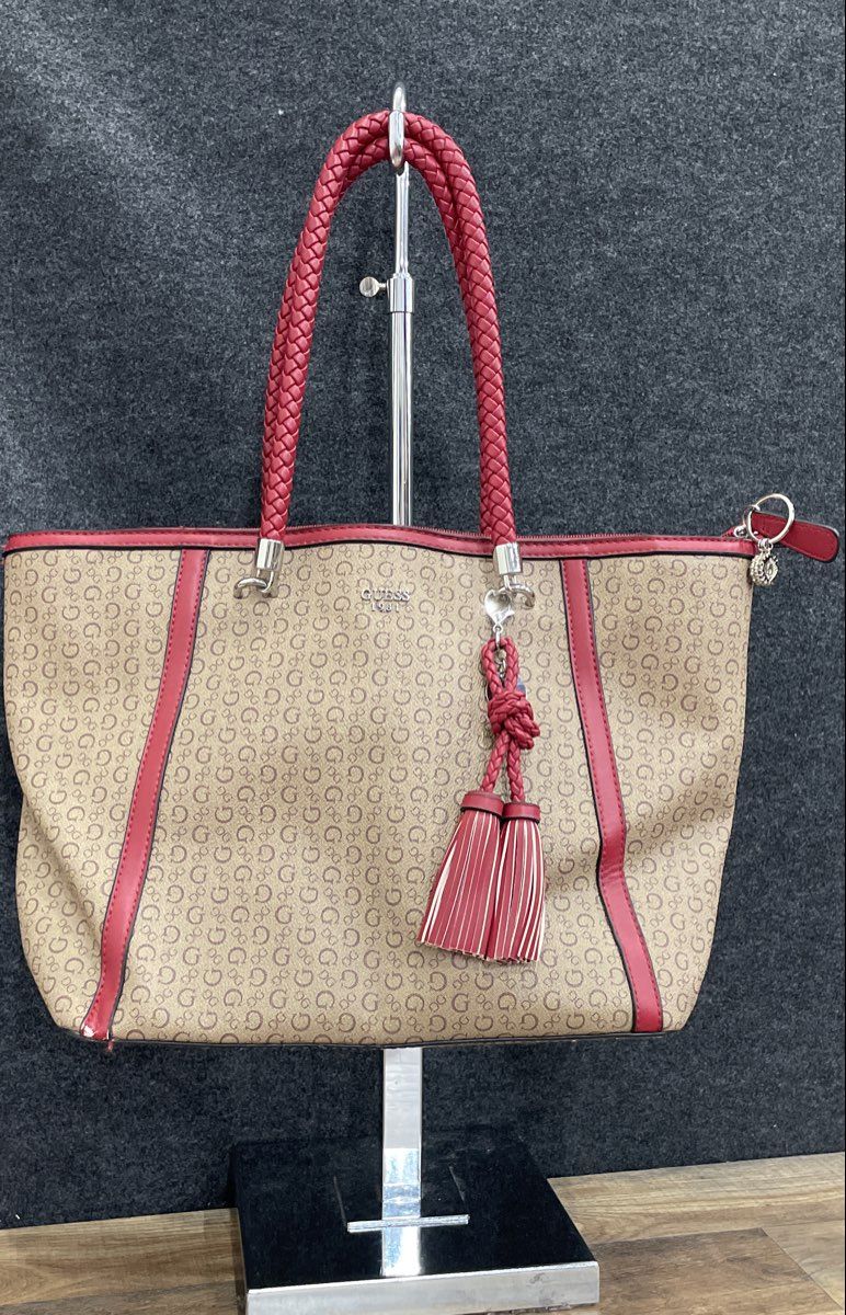 Guess 1981 Brown Red Leather Monogram Tote Bag Braided Handles Tassel Large