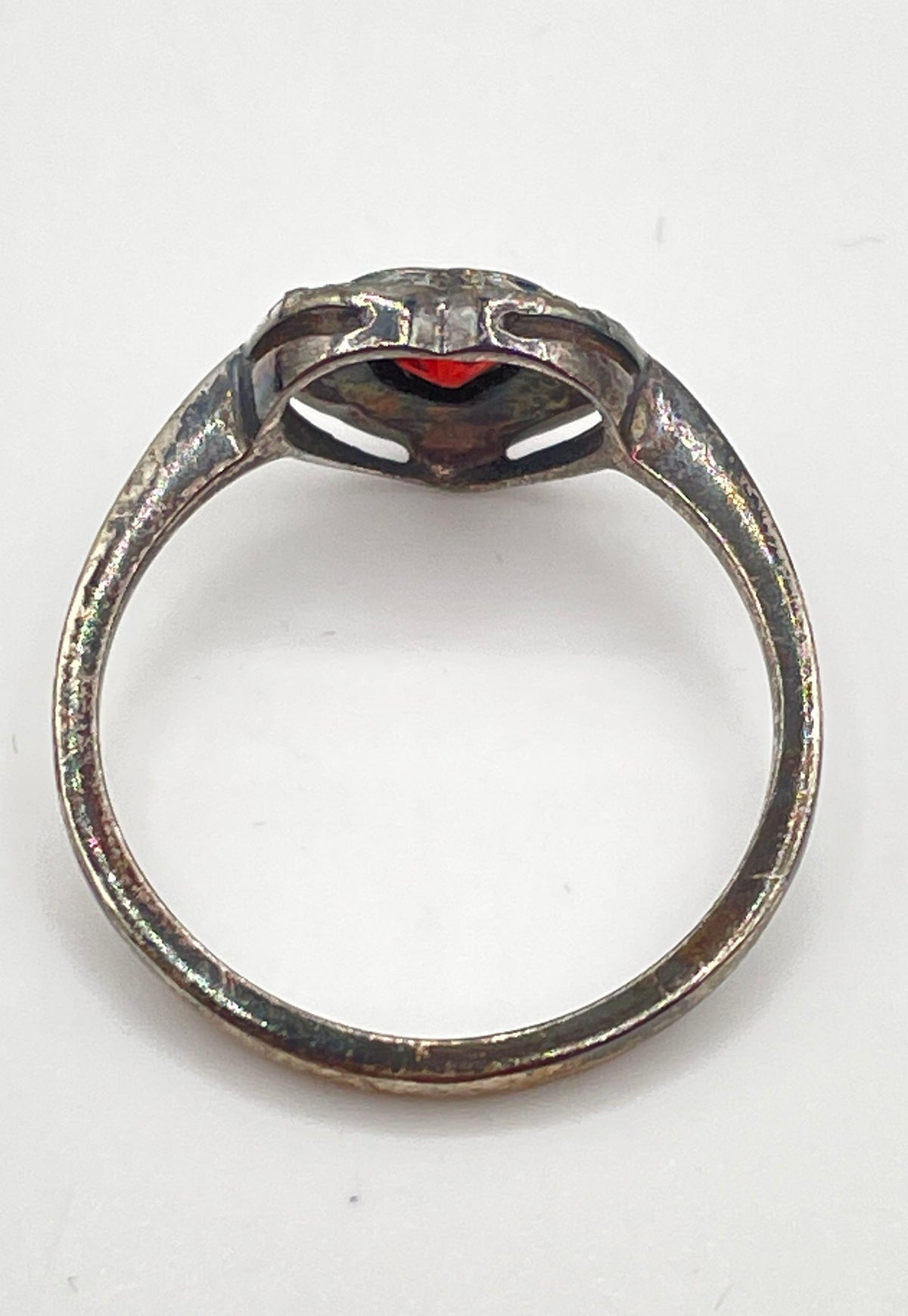 925 Sterling Silver Red Garnet Marcasite Accent Heart Ring 2.1g