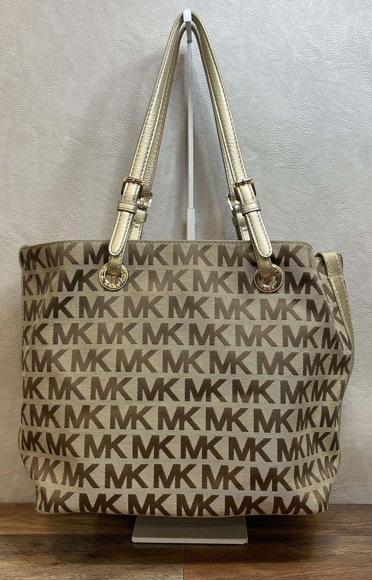 Michael Kors Gold Beige Signature Monogram Tote Bag Metallic Trim Gold Hardware