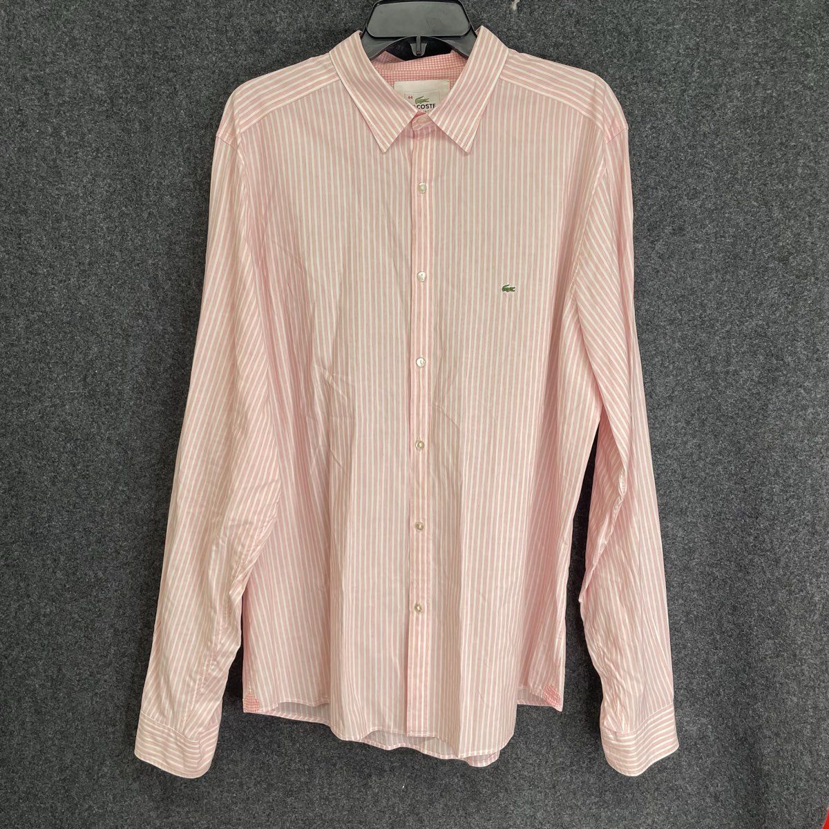 Lacoste Men's Pink White Stripe Regular Fit Long Sleeve Dress Shirt Sz 44 XXL