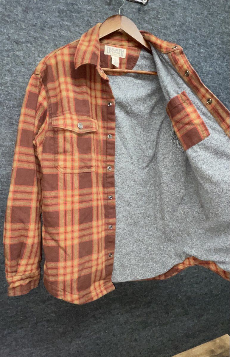 Duluth Trading Co. Men's Orange Plaid Fleece Lined Flannel Snap Shacket Jacket