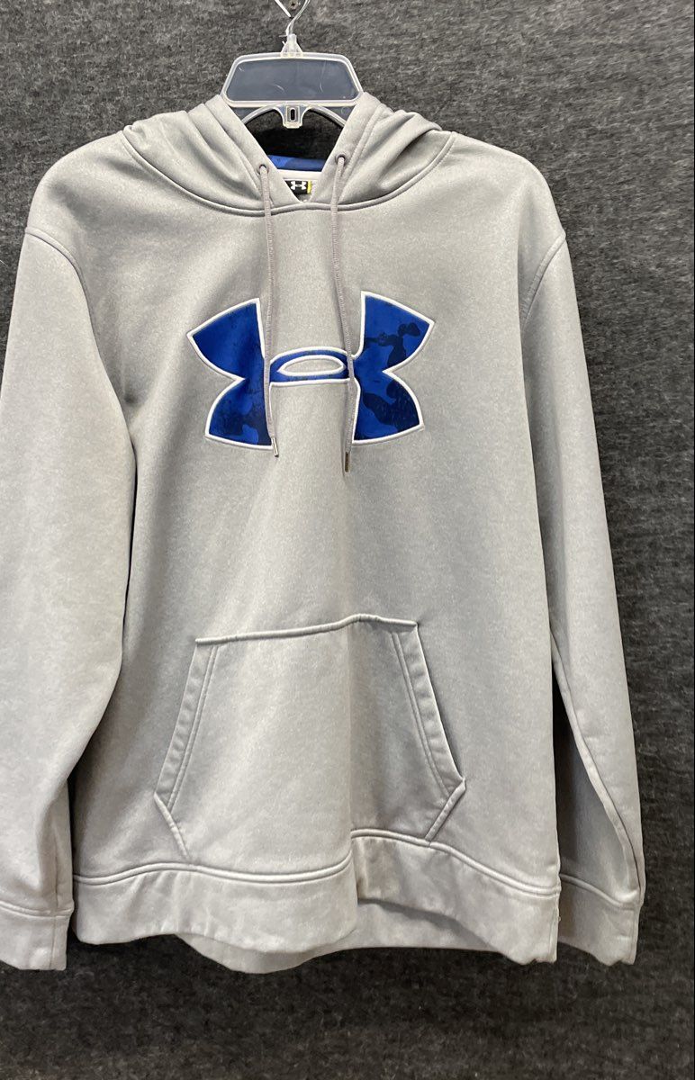 Under Armour Men's Gray Pullover Hoodie Blue Camo Logo Fleece Lined Sz L