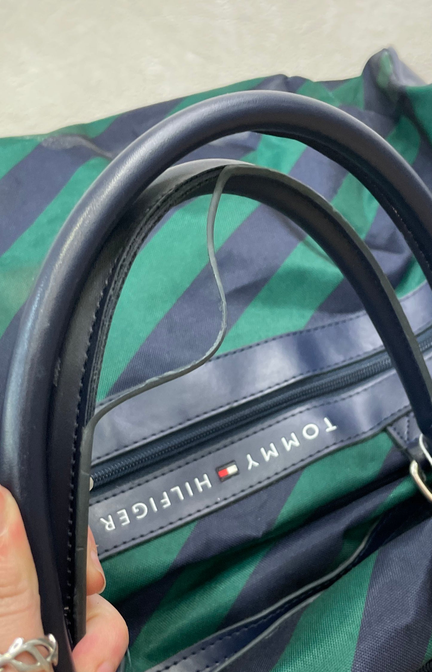 Tommy Hilfiger Navy Green Diagonal Striped Canvas Duffel Weekender Travel Bag