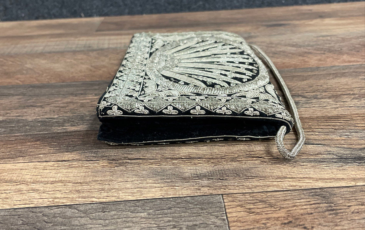 Vintage Black Velvet Hand Embroidered Zardozi Clutch Bag India Silver Metallic