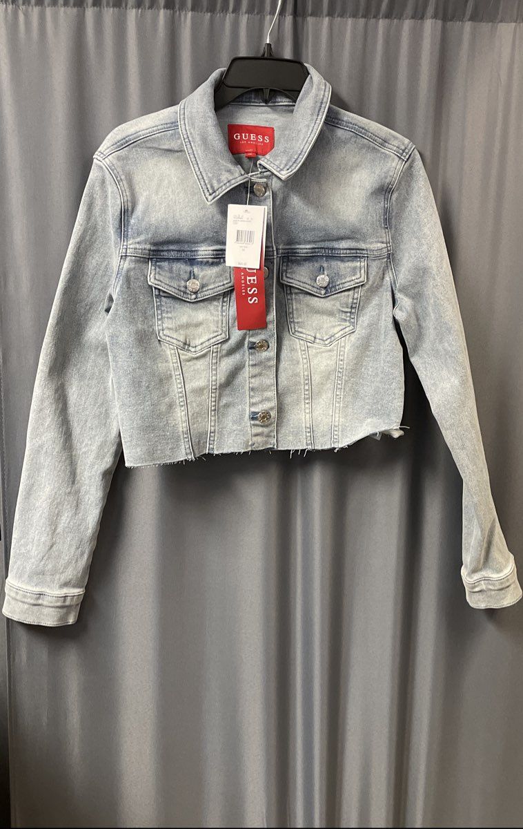 Guess Women's Martha Denim Jacket Light Cropped Raw Hem Back Graphic Sz M NWT