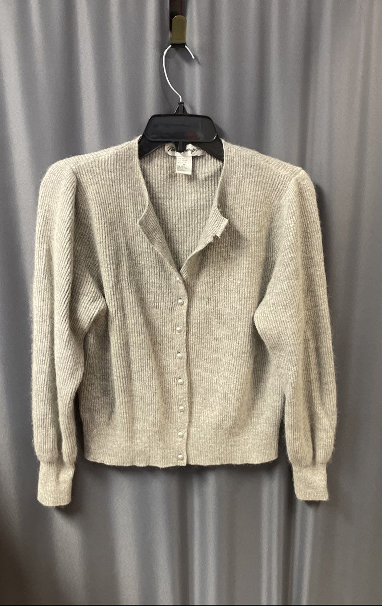 Vintage Y2K Norm Thompson Women's Gray Silk Angora Ribbed Cardigan Pearl Sz M