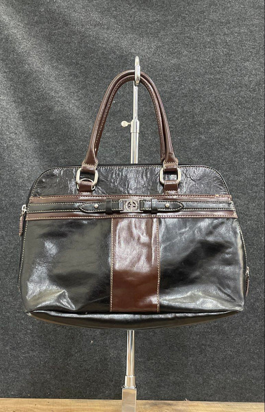 Giani Bernini Black Brown Leather Satchel Shoulder Bag Silver Hardware