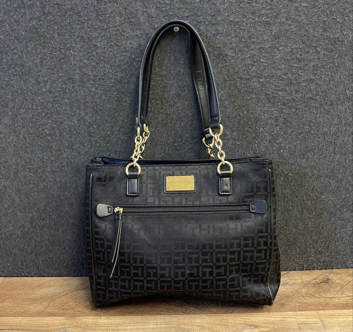 Tommy Hilfiger Black Monogram Jacquard Shoulder Tote Bag Gold Hardware