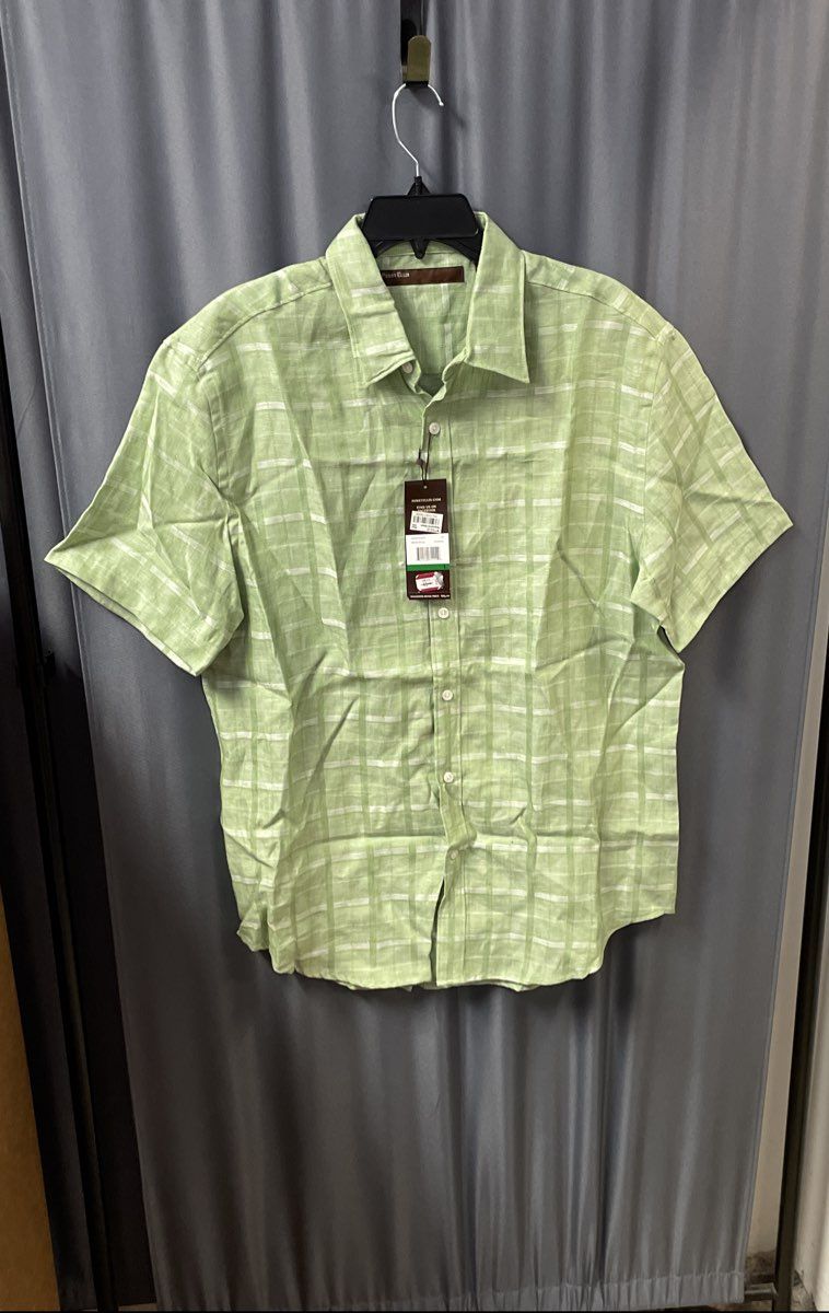 Perry Ellis Men's Green Principles Tendril Plaid Linen Blend Shirt NWT L