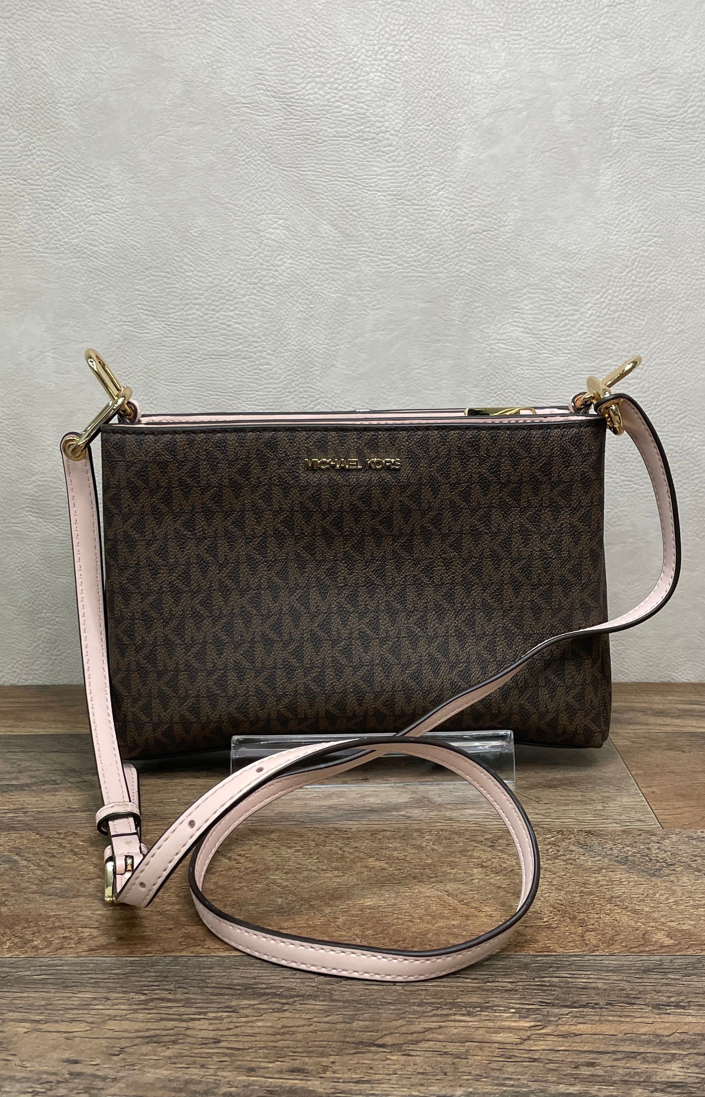 Michael Kors Brown Monogram Pink Jet Set East West Crossbody Bag Gold Hardware