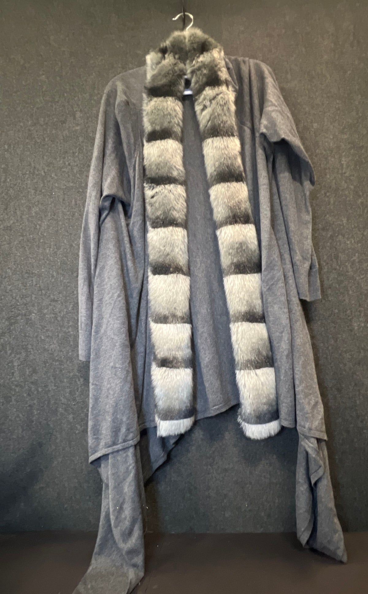 Worthington Women's Gray Faux Fur Trim Striped Open Front Cardigan Duster Sz 2X