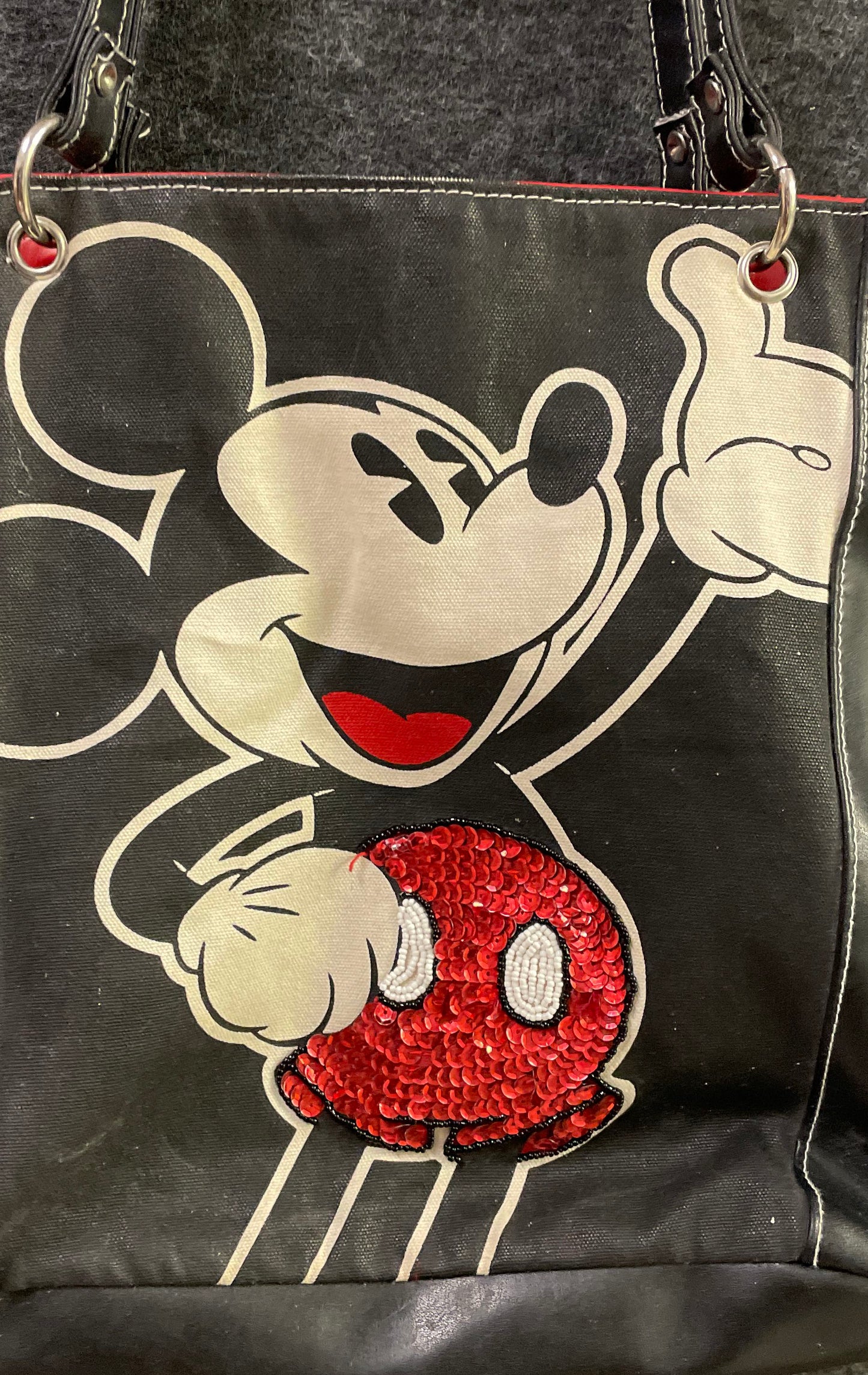 Vintage Disney Mickey Mouse Black Tote Bag Sequin Graphic Large Shoulder Bag