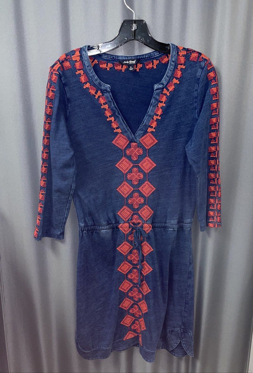 Lucky Brand Women's Navy Blue Embroidered Boho Cotton Long Sleeve Dress Sz S