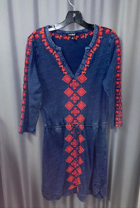 Lucky Brand Women's Navy Blue Embroidered Boho Cotton Long Sleeve Dress Sz S