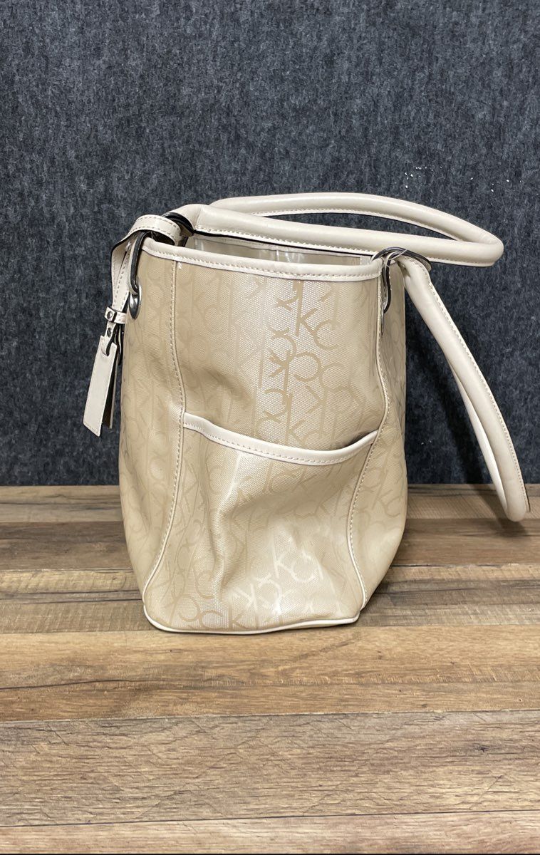 Calvin Klein Beige Monogram Coated Canvas Tote Bag Silver Hardware