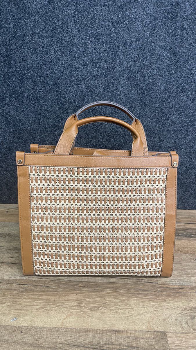 INC International Concepts Tan Caitlinn Woven Tote Handbag Gold Hardware NWT