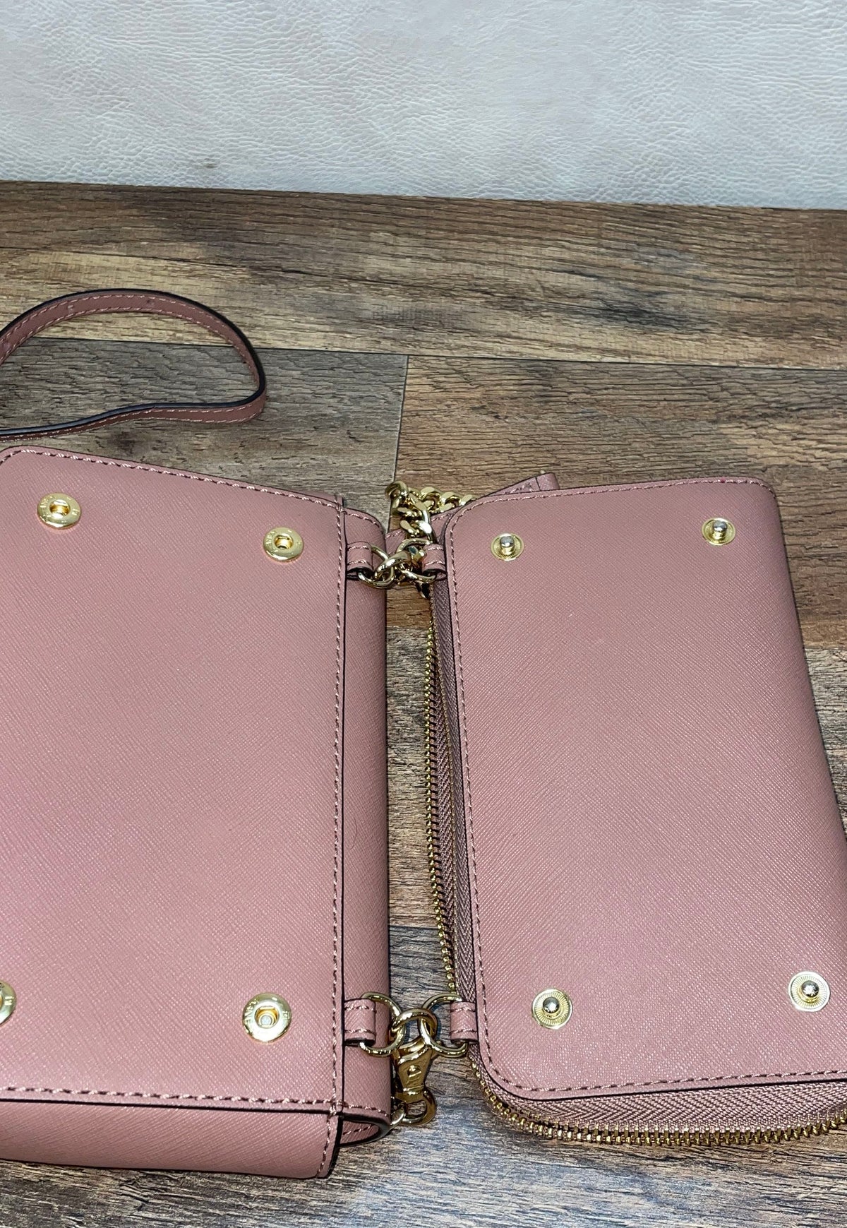 Michael Kors Pink Saffiano Leather Double Pouch Turn-Lock Crossbody Bag Gold