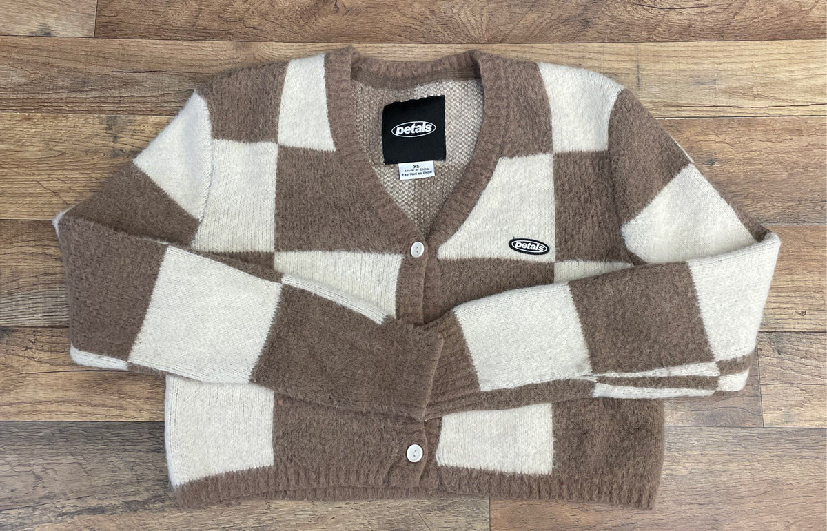 Petals Women's Fuzzy Cardigan Brown White Checkerboard Cropped Sweater Sz XS