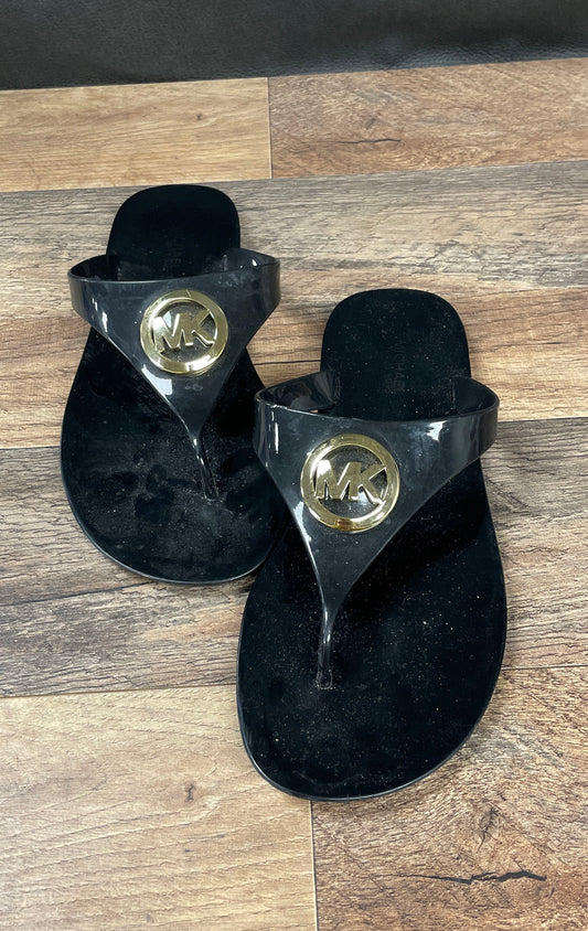 Michael Kors MK Plate Jelly Thong Sandals Black Gold Flip Flop Women's Size 7.5