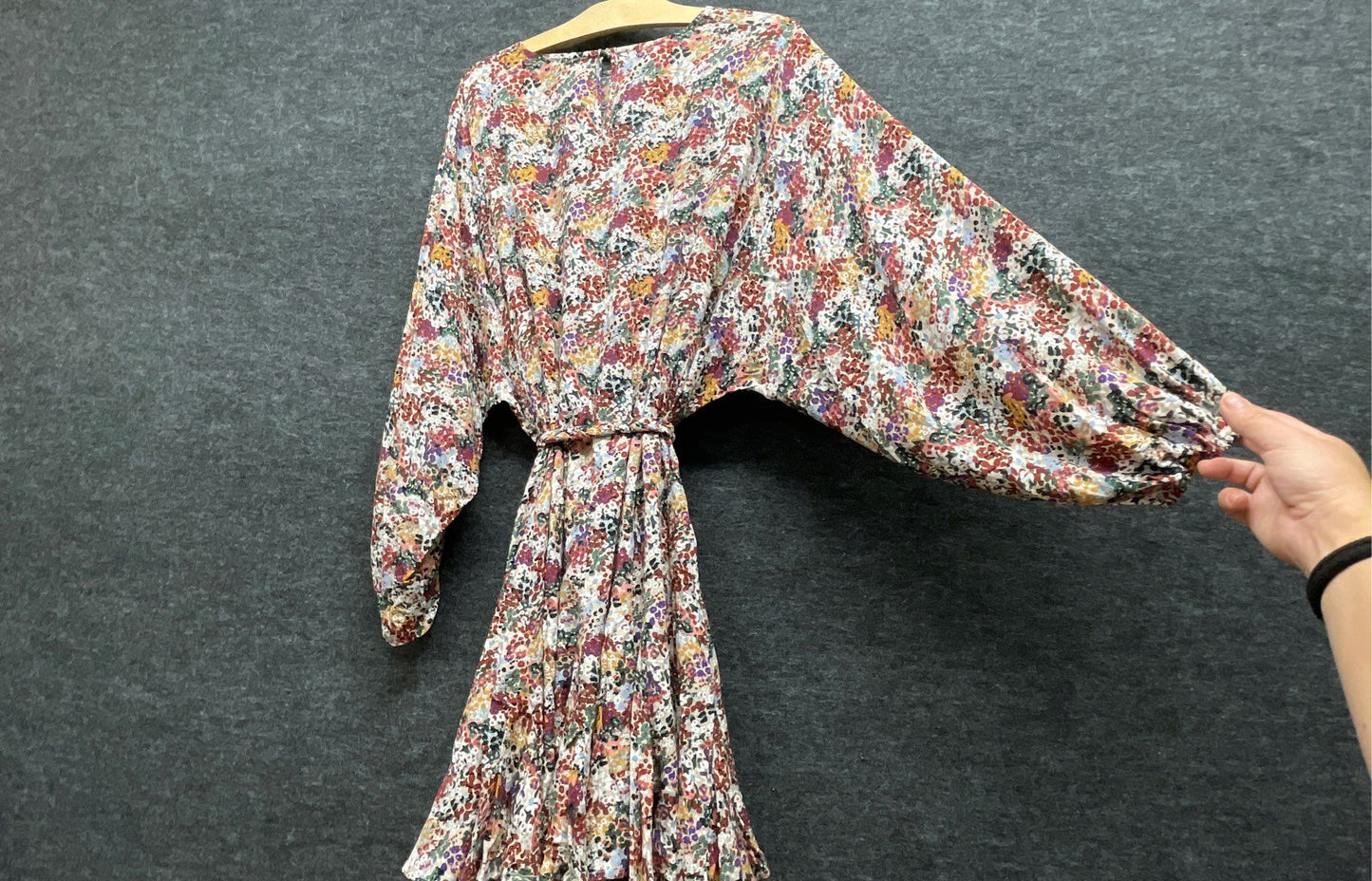 Women's Multicolor Floral Batwing Sleeve Braided Belt Ruffle Tiered Mini Dress