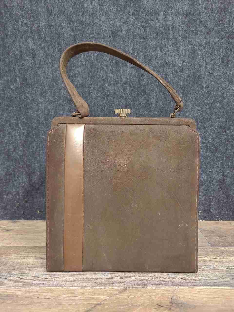 Vintage 1950s Brown Suede Leather Stripe Top Handle Frame Bag Handbag