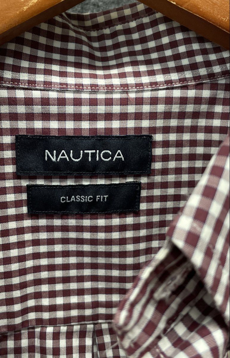Nautica Men's Burgundy White Gingham Classic Fit Button Down Shirt Sz 17.5 34/35