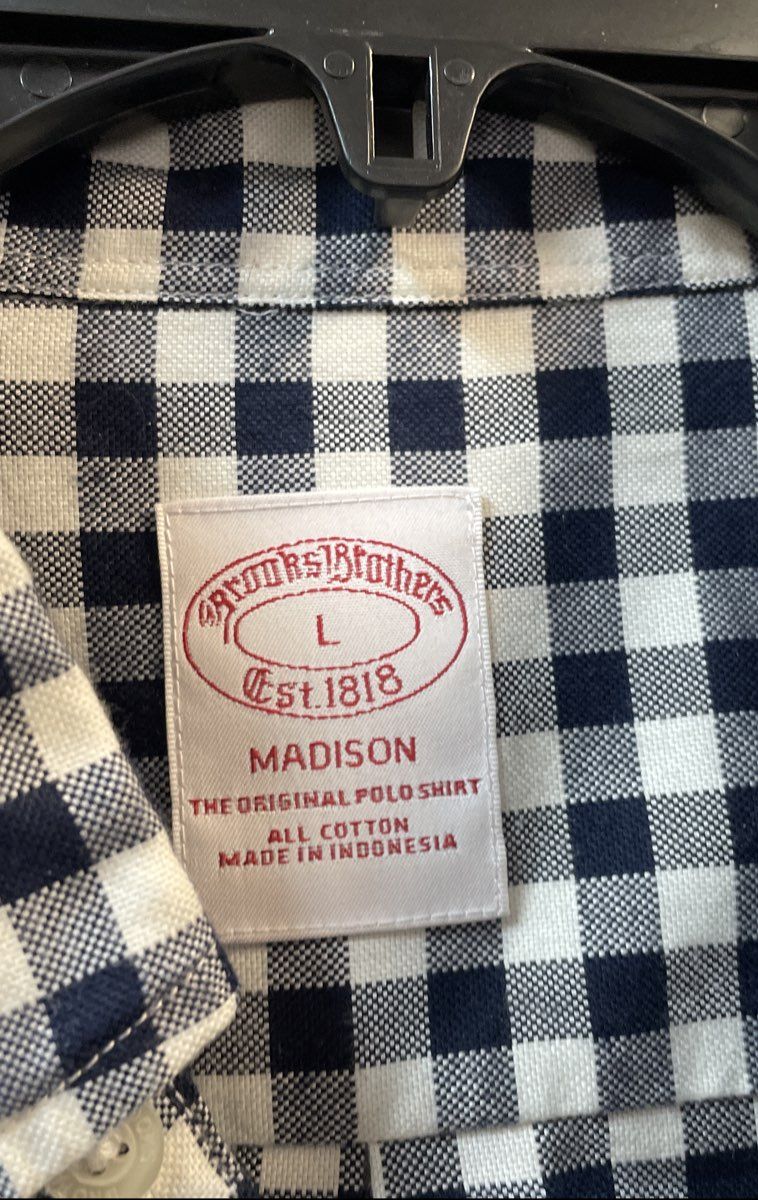 Brooks Brothers Men's Navy Blue White Gingham Madison Original Polo Shirt Sz L