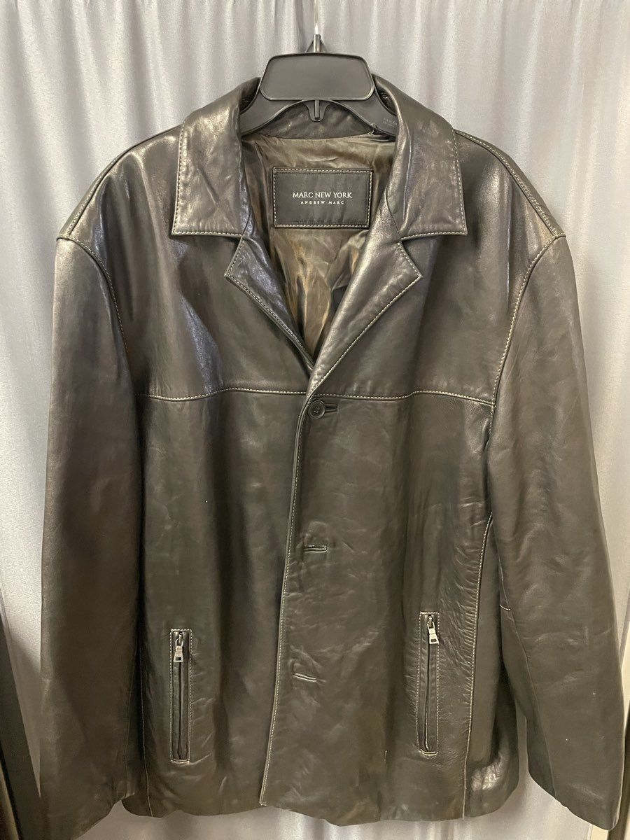 Marc New York Men's Black Leather Three-Button Car Coat Jacket Size XL