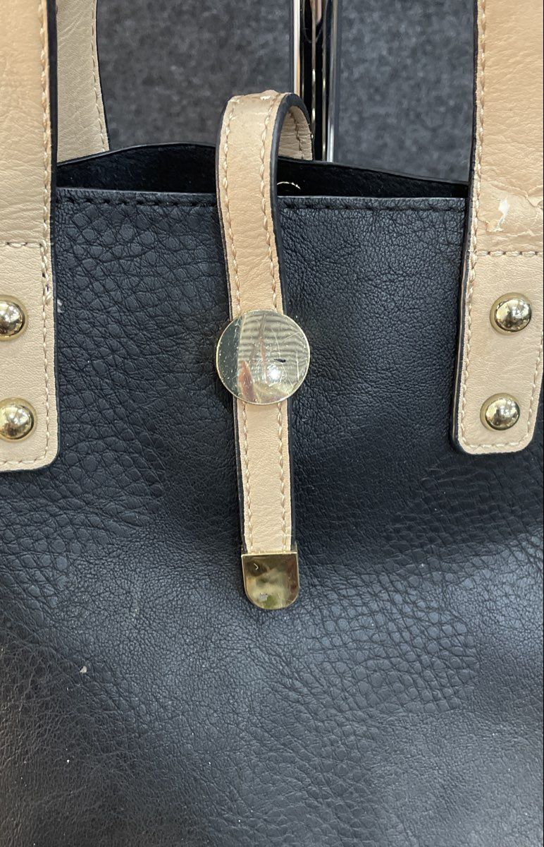 Black Faux Leather Tote Bag Beige Shoulder Straps Gold Tone Hardware