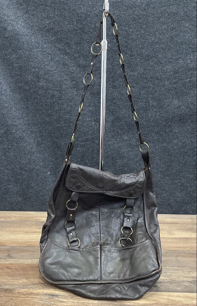 Vintage Dark Brown Distressed Leather Hobo Shoulder Bag Brass Ring Hardware