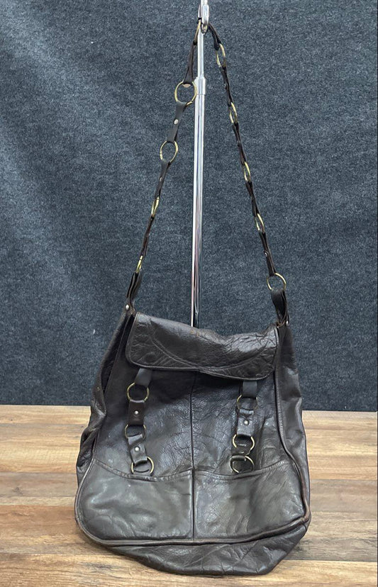 Vintage Dark Brown Distressed Leather Hobo Shoulder Bag Brass Ring Hardware