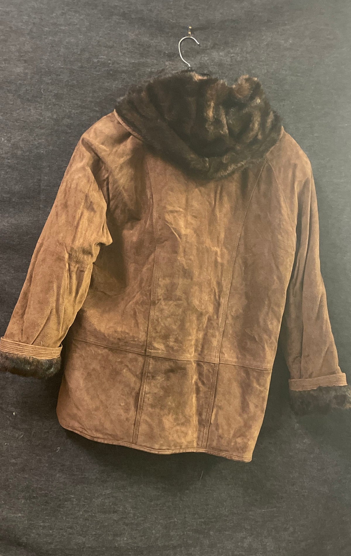 St. John's Bay Women's Brown Leather Faux Fur Trim Hooded Zip Up Jacket Sz M
