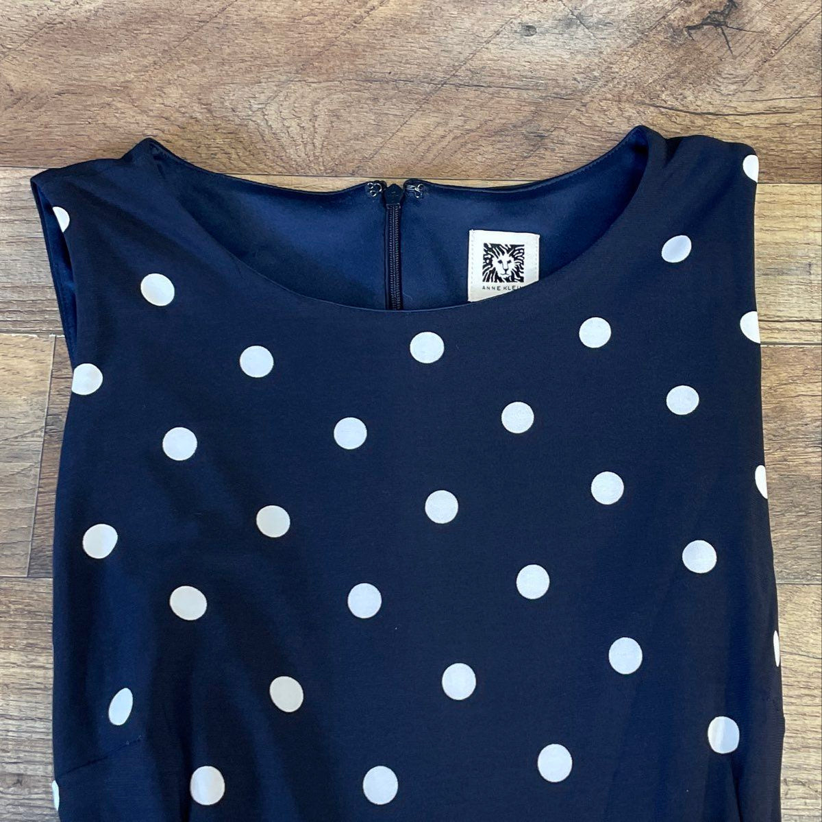 Anne Klein Women's Navy Blue Polka Dot Tie Waist Sleeveless Dress Size 6